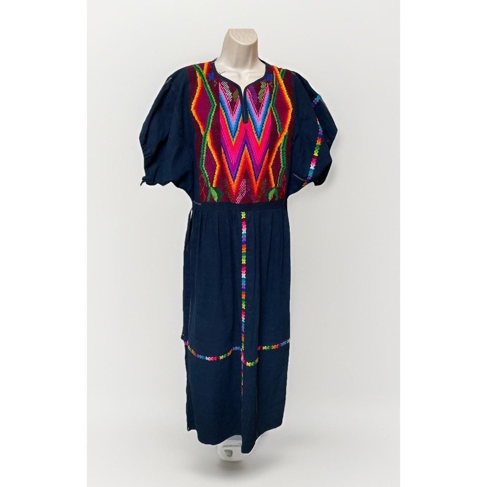 Embroidered Guatemalan Huipil Maxi Dress Sz Medium Boho Festival Vintage 60s 70s